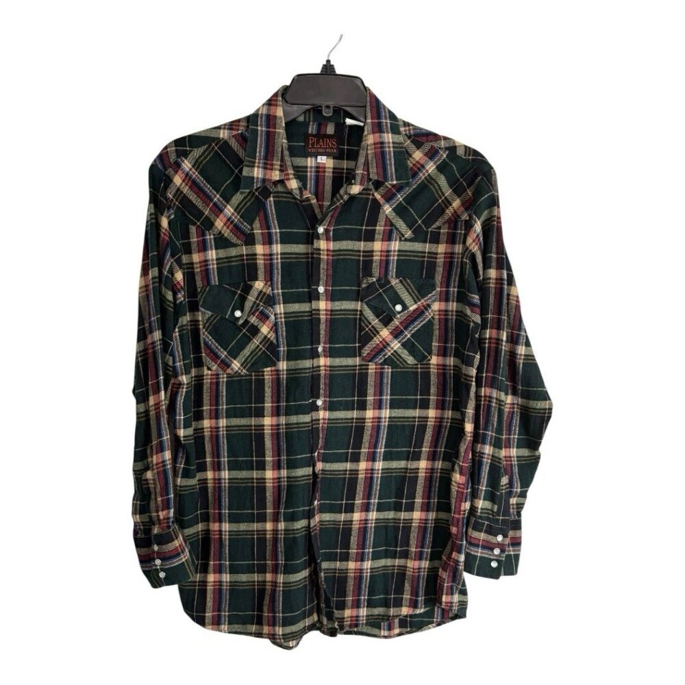 Plains Western Wear Mens Shirt Size Large Button Down Green Plaid Pearl Snaps